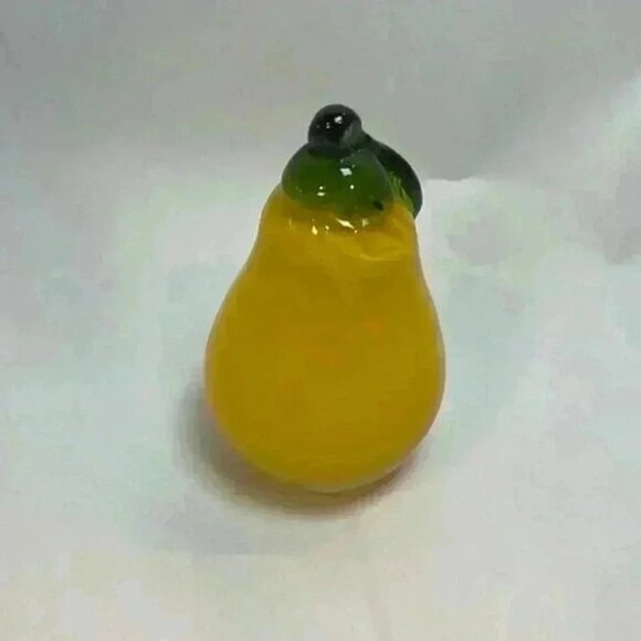 Vintage Yellow Pear Blown Glass Fruit Paper Weight Kitchen Decorative Green Stem - Picture 1 of 5